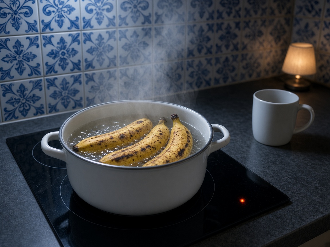 Bananas a aquecer em água — preparação de bebida quente