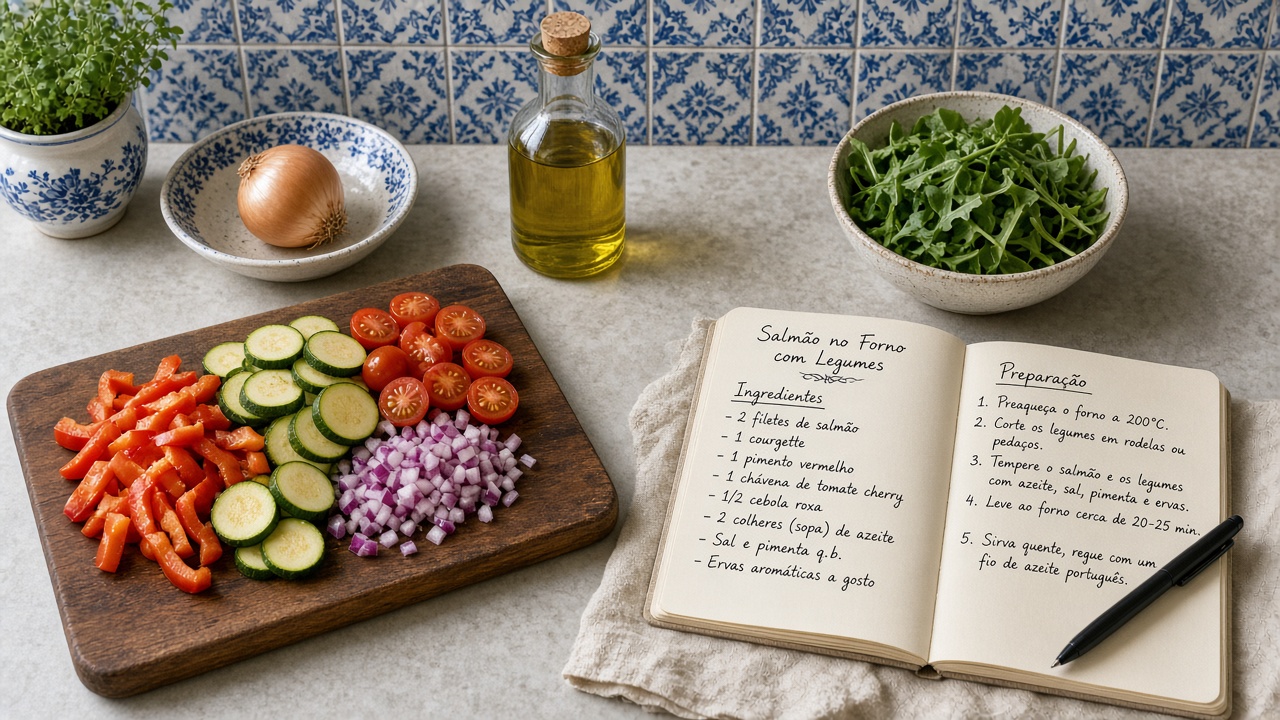 Tábua com legumes e caderno de receitas